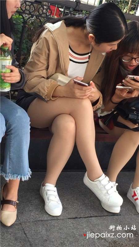 路边花坛玩手机的三位清纯丝袜美腿小美女
