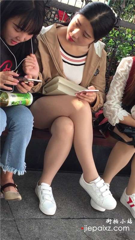 路边花坛玩手机的三位清纯丝袜美腿小美女