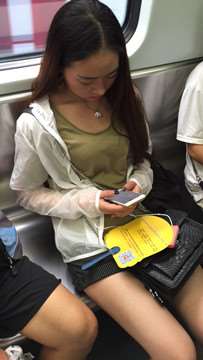 地铁上拍摄小清新美女。