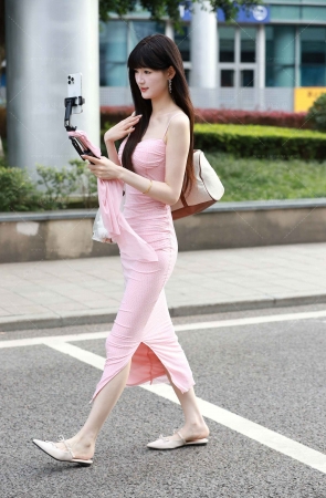 开直播的粉色长裙，齐刘海美眉